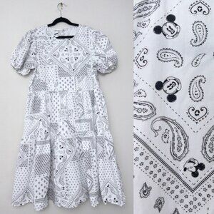 Disney Bandana Print Dress Mini M White Black Patchwork Paisley Mickey Mouse